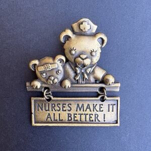 Vintage JJ Jonette Gold Tone Nurses Make It All Better Teddy‎ Bear Brooch Dangle